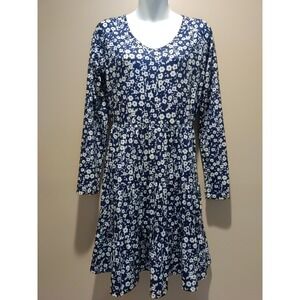 Lyrur‎ Women blue White Floral Long sleeve Tiered Dress Size M
